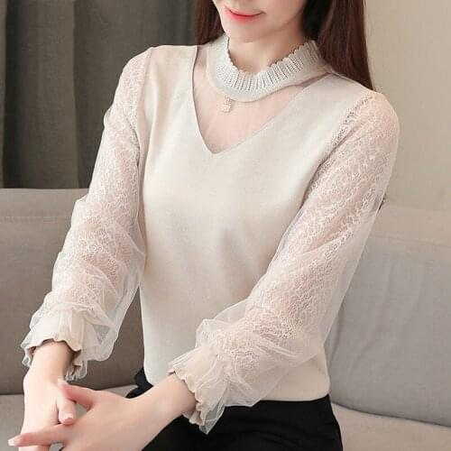 V-neck Woman Shirt 2021 Spring Sexy Women Tops and Blouses Hollow Lace Top Chiffon Blouse Long Sleeve Office Lady Clothes 10545