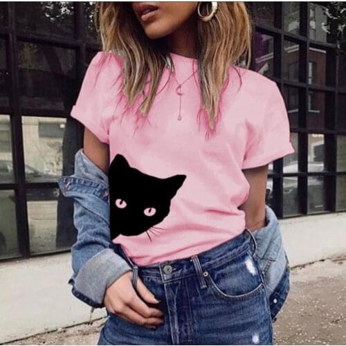 Summer Womens T shirts Casual Cat Animal Printed Tee Tops Lady O Neck Short Sleeve Tee Shirt Vestidos WDC2004