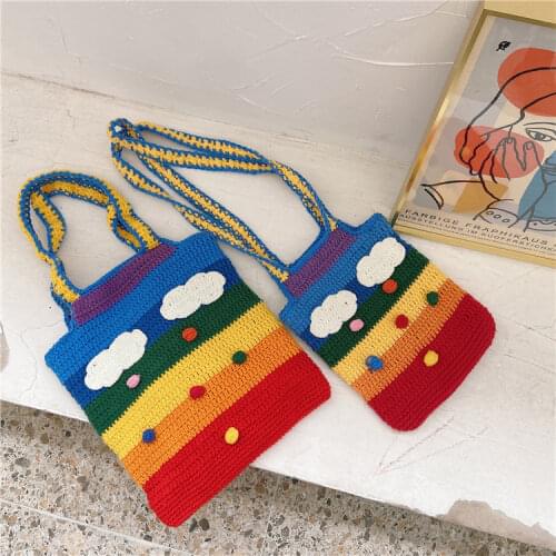 Retro Design WomensTote Shopper Bags Wool Knitting Ladies Handmade Purse and Handbags Female Girls Cute Rainbow Shoulder Bag