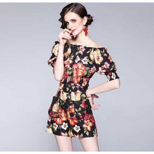 Women Summer Designer Elegant Vintage Black Floral Print Two Piece Sets Female Lantern Sleeve Short Top + Fashion Shorts Sets