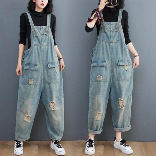 Autumn Denim Overalls Womens Washable Holes Grind White Cotton Jeans Plus Size Jumpsuit Commuter Tide Vintage Bib Pants zh1658