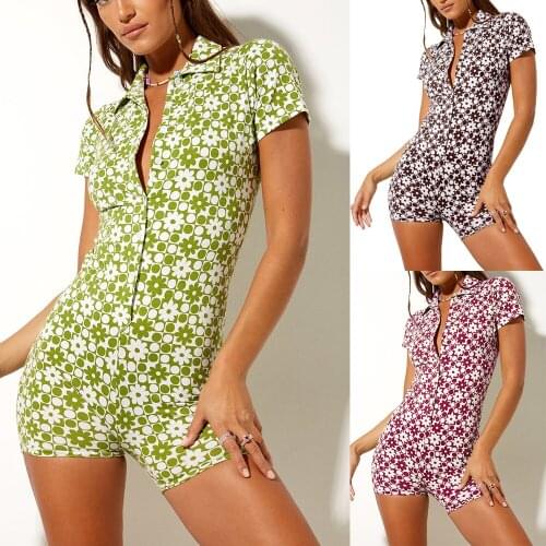 Women Floral Print Playsuit Summer Turn-Down Collar Button Short Sleeve Slim Jumpsuit Green Brown Rose Red