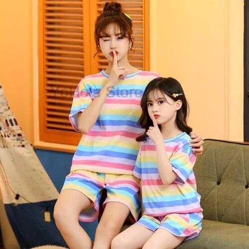 Color Stripes Clothes Mother And Baby Girl Matching Outfit Family Pajamas Sets Family Mom and Daughter Suits Summer Homewear