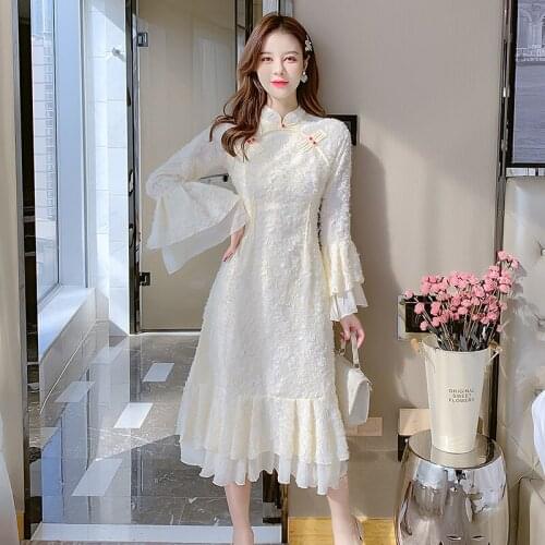 SWEETXUE Chinese Style French Vintage Autumn Cheongsam Gentle Flared Sleeves Ruffles Dress Girly Temperament Fairy Women
