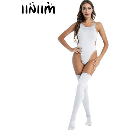 Womens Sexy Clubwear Hollow Out Back High Cut Faux Leather Lingerie Set Teddies Bodysuit with Stocking for Nightclub Stage Show