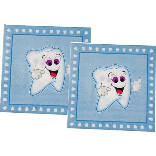 20pcs/pack Blue Teeth Theme Disposable Napkins Teeth Theme Birthday Party Decorations Boys First Teeth Napkins
