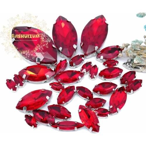 30pcs 8 sizes Popular! MIX red Horse eye Size Crystal Glass Sew-on Rhinestones Silver Bottom DIY Womens Dresses and shoes