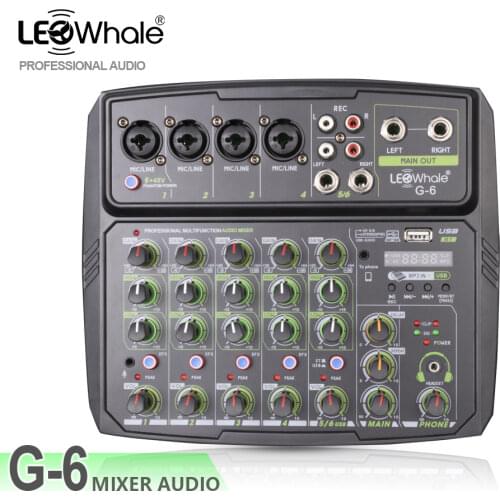 LEOwhale Mini 6 Channels Digital Audio Mixer Sound Mixing DJ Console with Bluetooth USB Record 48V Phantom Power Monitor