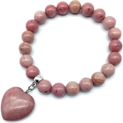 New Arrival Natural Stone Beads Elastic Silver Color Bangle Heart Charm Bracelet Pink Rhodonite Stone Jewelry