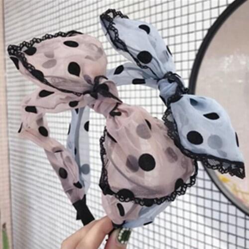 Black Polka Dots Print Bow Hairbands for Women Headdress Gilrs Mesh Bow Head Band Adults Hair Accessories Bow Knotted Headband
