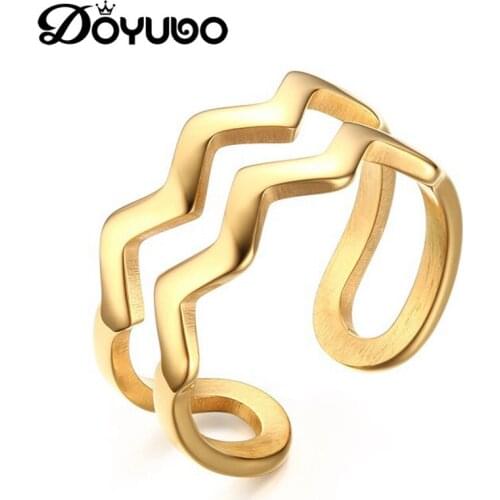 DOYUBO New Arrival Women Gold Color Stainless Steel Wavy Shape Openning Rings Accessories High Polishing Lady Party Rings DE015