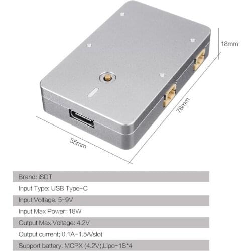 ISDT UC4 18W 4X1.5A 1S MINI Smart Battery Charger With USB Type-C Input PH2.0 Output MCPX for RC Drone