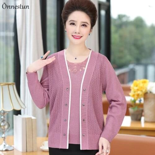 Real Two Pieces Sets Sweater Women Autumn Long Sleeve Mother Sweater Set Shirt + Cardigan Hollow Sweater For Women