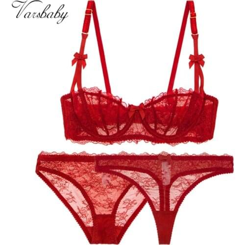 Varsbaby Bowknot half cup bra three-piece bra + briefs + thong sexy cute underwear