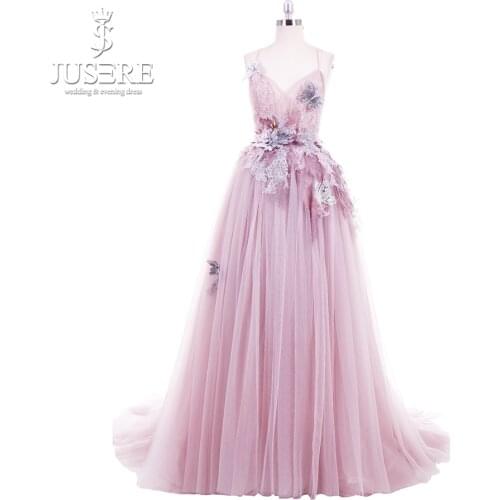 Jusere Real Photo Fairy Spaghetti Straps V neckline Pleat 3D Fine Lace Hand Work Open Back Slight Soft Love Gown Prom Dress 2018
