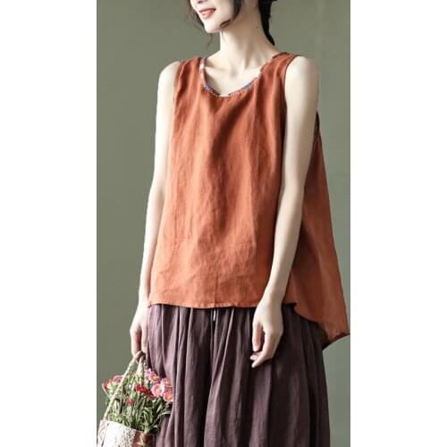 Retro Hook Line Linen Vest Ladies Loose Sleeveless Solid Color Bottoming Suspender Top