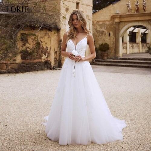 LORIE Beach Lace Wedding Dresses Spaghetti Straps Appliques Lace A-Line White Bride Dress Princess Wedding Gown Backless 2020