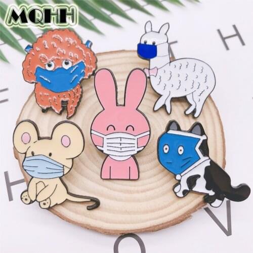 Cartoon Cute Animals Enamel Brooch Rabbit Alpaca Mouse Cat Dog Dog Wearing Mask Badge Pin Sweet Jewelry Gift For Friends