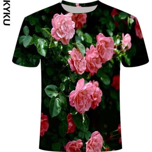 KYKU Fashion men/Women Loose T-shirt short Sleeve Flower Print Casual O-neck T-shirt 3D fresh flower Tee