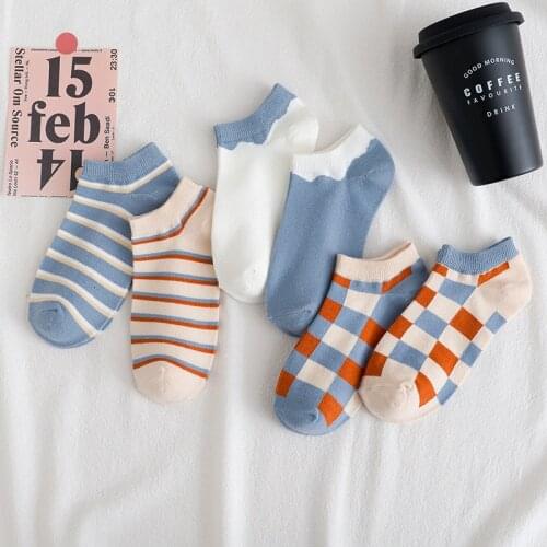 6 Pairs/Lot Womens Short Socks Spring Summer Blue Stripe Lattice Thin Womens Boat Socks Plaid Socks LowTube Socks