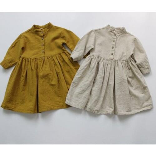 New 2020 Autumn Korean Style Baby Girls Cotton Linen Dresses Long Sleeve Pure Color Toddlers Kids Retro Robe Children Dress