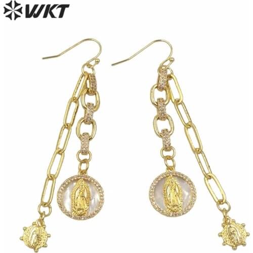ME077 WKT Trendy New arrival Women Jewelry Dangling Chain Earring Religious Mary Earring Gold Color Scallop Earring For Gift