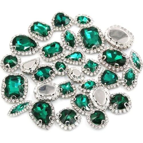 NEW silver base Peacockgreen crystal buttons mix shape sew on glass rhinestones with cup chian rim diy clothing/necklace