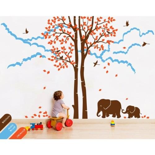 Huge Tree Autumn Tree Falling Leaves With Cute Family Elephants And Cloud Mural Kids Baby Bedroom Decor Vinyl Popular DecalT-17