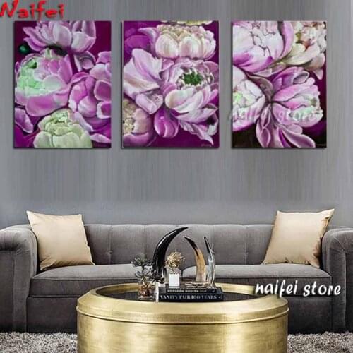 Full Square Round Diamond Embroidery Flower Cross Stitch Diamond Painting Purple Peony Rhinestones Pictures Handicrafts Triptych