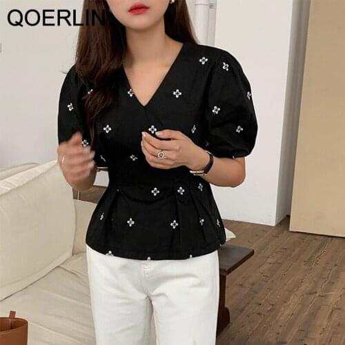 QOERLIN Summer Retro 2021 Loose Vintage New Hot Blouses Embroidered New Chic Puff Sleeve Sweet Elegant Sweet Female Shirts Tops