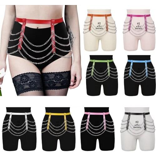 Harness Womens Belt Harajuku Punk Goth Metal Chain Accessories Leather Garters Stocking Sexy Suspender Belt Adjust Waist Size