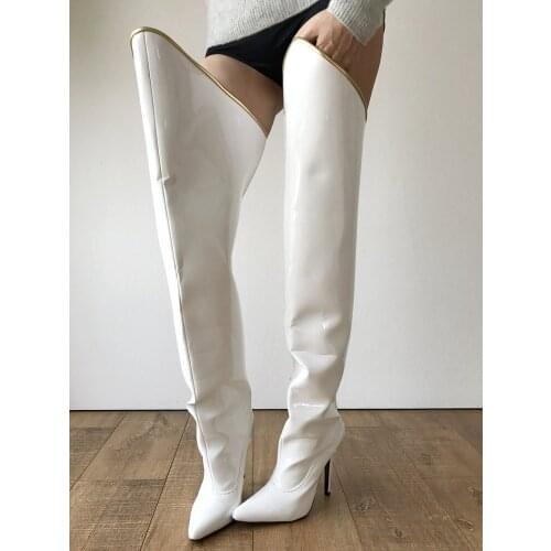Custom Made Sexy Over-the-knee Boots Mens Womens Long Boots Patent Leather White Back V-opening Unisex Botas Mujer Pole Dance