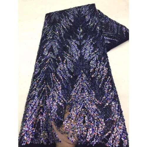 5yarda/pc) High grade navy blue beaded African tulle lace rich sequins and tube beads embroidered French net lace FZX122
