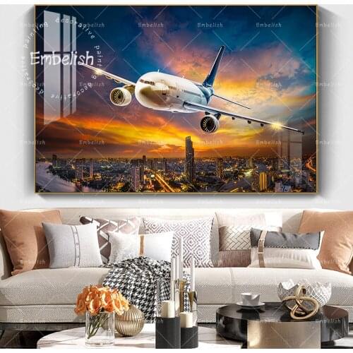 Embelish 1 Pieces Dusk City Big Plane Wall Art Posters For Living Room HD Print Canvas Aircraft Painting Home Decor Pictures