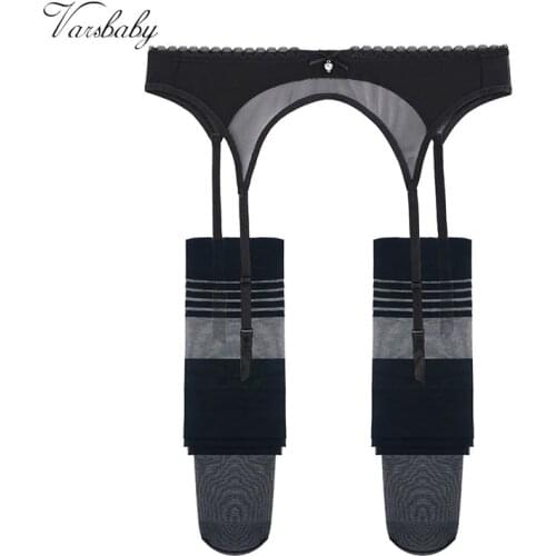 Varsbaby sexy transaprent underwear yarn bow garters+stockings 2 pcs S-XXL for women