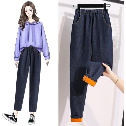 Velvet Winter Plus Large Size Oversize Korean Vintage Autumn WomenS Clothing High Waist Trousers Fashion Jeans Pants For Girls