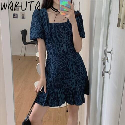 WAKUTA Vintage Cool Girls Dress Women Harajuru Floral Print Design Korean New Summer Street High Waist Puff Sleeve Short Dresses