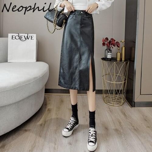 Neophil Women Black Pu Leather Midi Skirts Split 2021 Autumn Pockets Stylish Falda Larga High Waist Straight Latex Skirt S21761