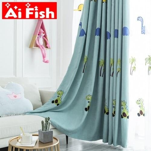 Cartoon Cute Smiles Dinosaur with Tree Tulle Curtains Childrens Bedroom Dark Green Luxury thicker Blackout Curtains zh054&4
