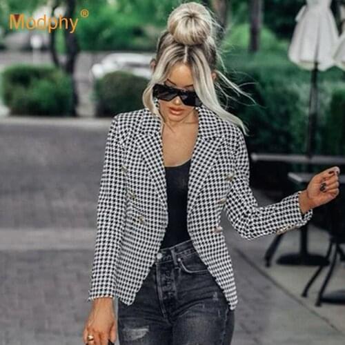 High Quality Houndstooth Jacket Double Breasted Notched Collar Office WomenS Casual Style Blazer Female 2020 Autumn Fashion New