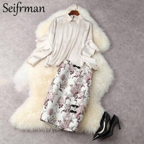 Seifrmann New 2021 Summer Women Fashion Runway Skirt Set Ruffles Embroidery Tops+High Waist Slim Pencil Skirts 2 Two Pieces Suit