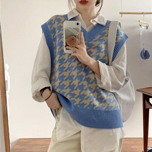 2021 Sweater Womens Autumn New Style Vest Knitwear Houndstooth V-neck Sleeveless Sweater Korean Loose Outwear Pullover Sweaters