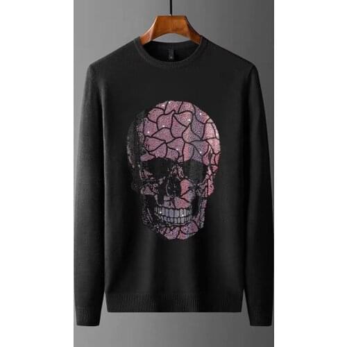 Winter Solid Color Heavy Craft Rhinestone Luxury Mens Sweater Three-Dimensional Skull Pullover Brand Design Long Sleeves