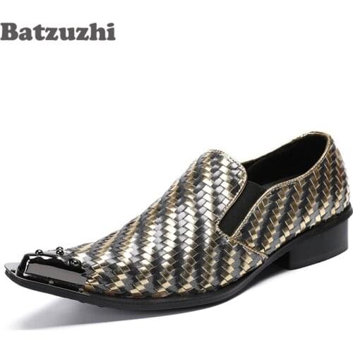 Batzuzhi 2020 New Genuine Leather Men Shoes Pointed Toe Metal Tip Woven Handmade Men Leather Dress Shoes Fashion Hairdresser