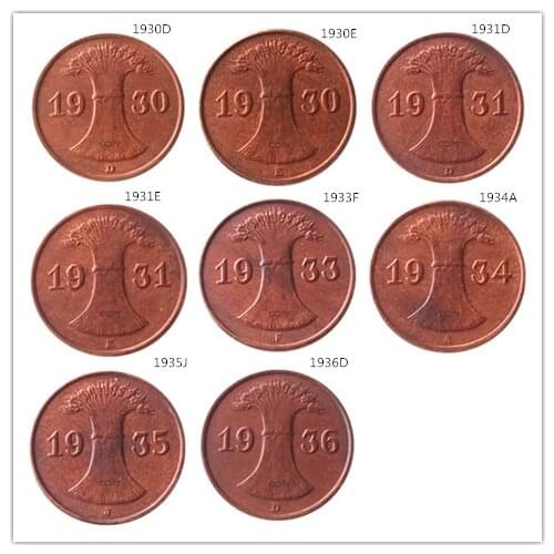 GERMANY 1930-1936 8PCS 1PFENNIG 100% Copper Copy Coins