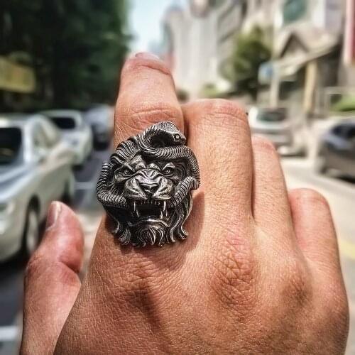 EYHIMD Lion and Snake Stainless Steel Ring Mens Punk Chimera Biker Ring Mythology Animal Jewelry
