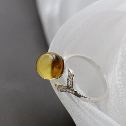 Handmade Inlaid Natural Amber Rings Women Fashion Jewelry Gifts Fish Tail Opening Adjustable Size 925 Sterling Silver Ring