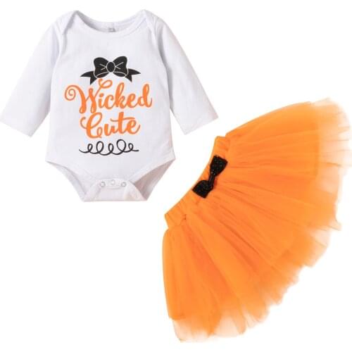 2Pcs Halloween Outfit Baby Girls Autumn Clothes Letter Bow Printing Long Sleeve Round Collar Romper + Mesh Bubble Skirt Set