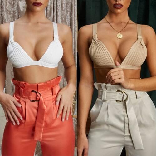 Sexy Womens Satin Tees Strap Camis Tanks Crop Tops Vest Lady Summer Push-Up Bra Bustier Plain Padded Plunge Bra Bralette Bandeau
