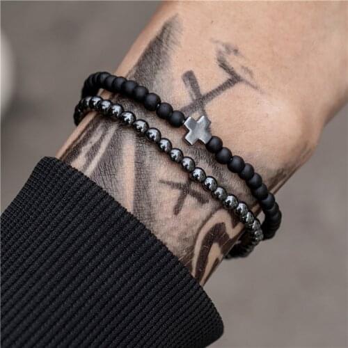 Cross Hematite Bracelet Sets charms Jewelry 6mm Matte Hematite Stone Mens bracelets Luxury Handmade pulsera hombre joyas
